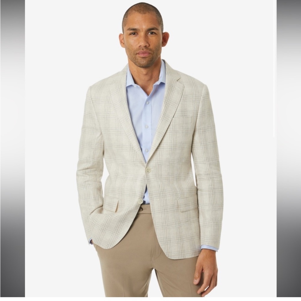 Lauren Ralph Lauren Linen Sport Coats Mens 38R UltraFlex Tan Blue Plaid - Picture 1 of 13